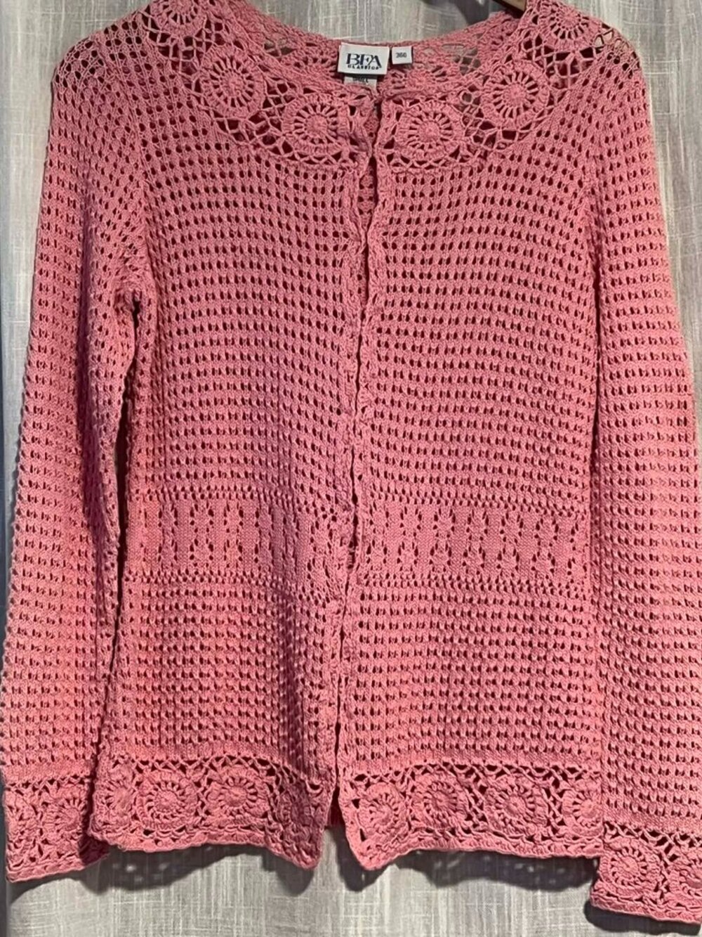 Vintage BFA Classics Crochet Cardigan Floral Trim Pink Size S